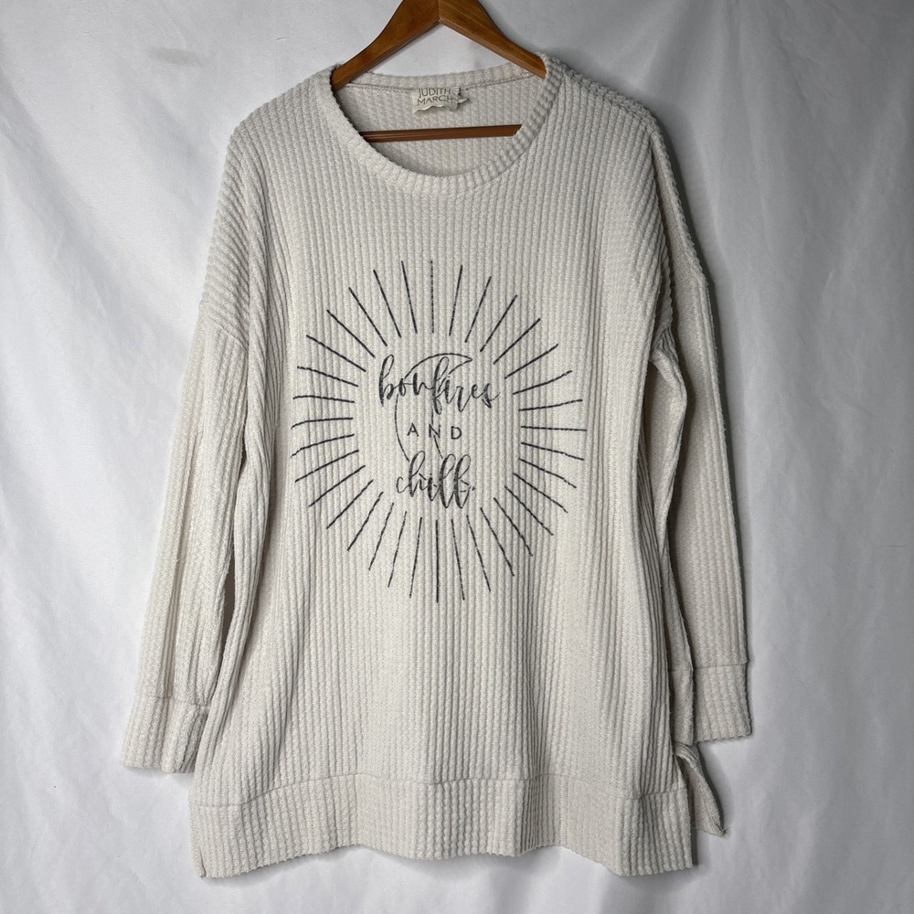 Judith March M Waffle Knit Bonfires and Chill Graphic Tunic Cream Cozy Oversized